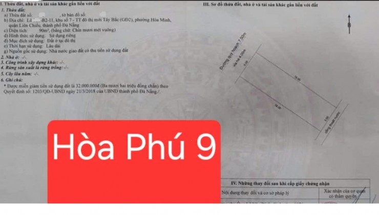 Bán lô đất MT Hòa Phú 9 (Gò Nảy 6 cũ), P. Hòa Minh, Q. Liên Chiểu, Đà Nẵng